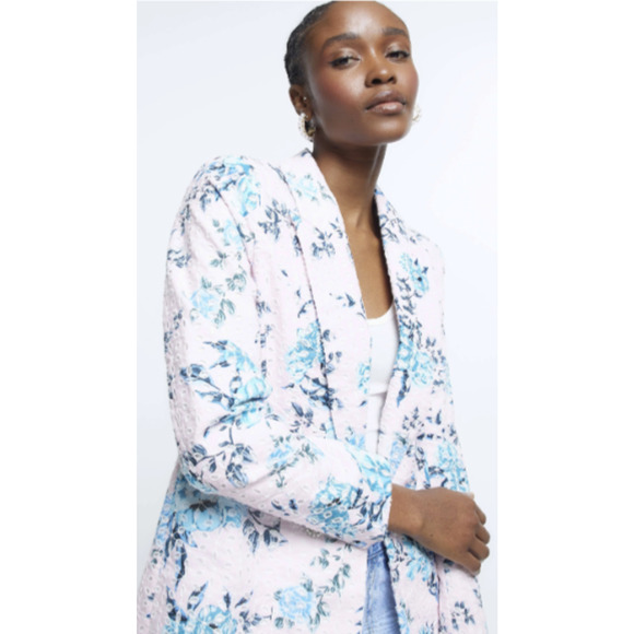 River Island Women's Pink Floral Broderie Detail Notch Blazer Size 6 NEW - Picture 2 of 6